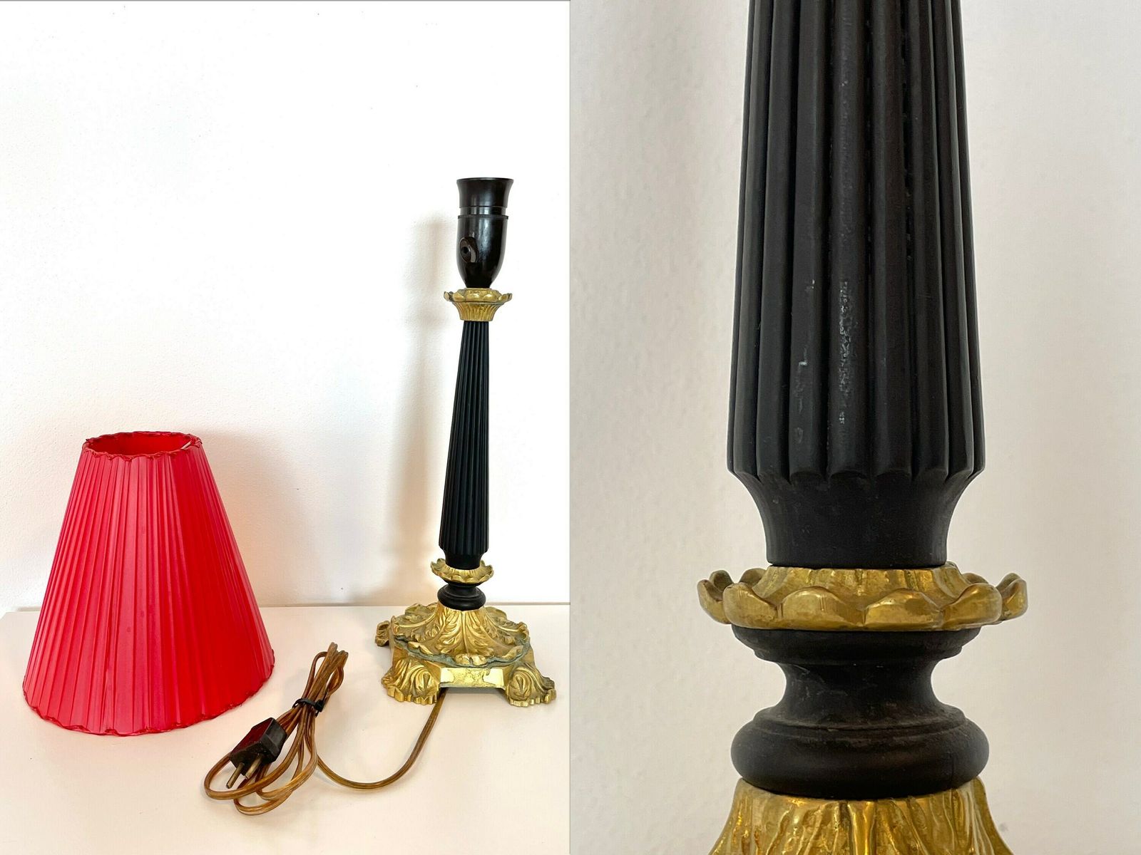 photo for sale Art Deco Table Lamp In Brass And Black Painted Wood With Organic Shapes, Beautiful Base And Unique Red Fabric Ribbon Shade