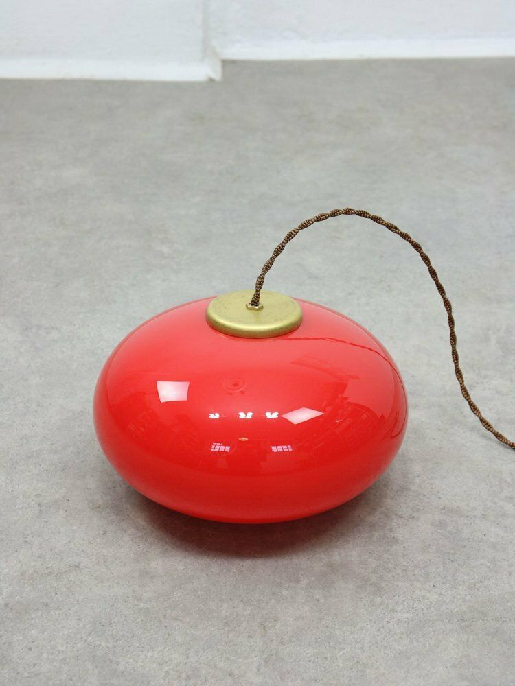 Mid Century Modern Italian Brass And Red Glass Pendant Lamp, 1960s photo for sale