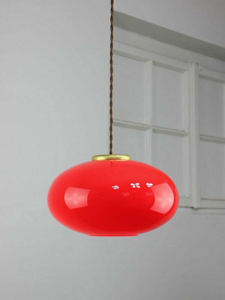 Mid Century Modern Italian Brass And Red Glass Pendant Lamp, 1960s photo buy