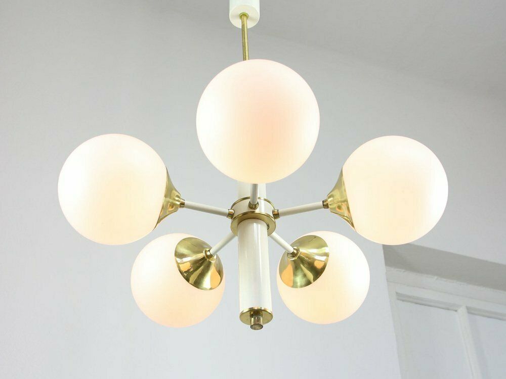 Lighting Vintage Italian Brass And Opaline Sputnik Chandelier, 1970s photo