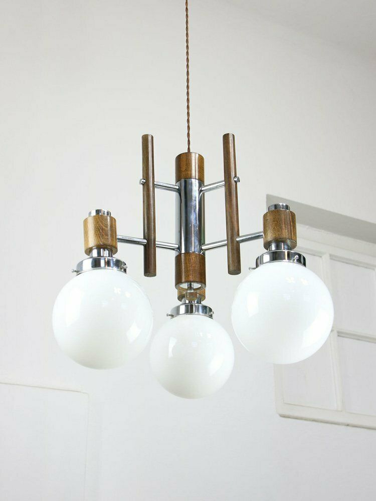 Mid Century Scandinavian Chrome & Opaline Chandelier, 1960s