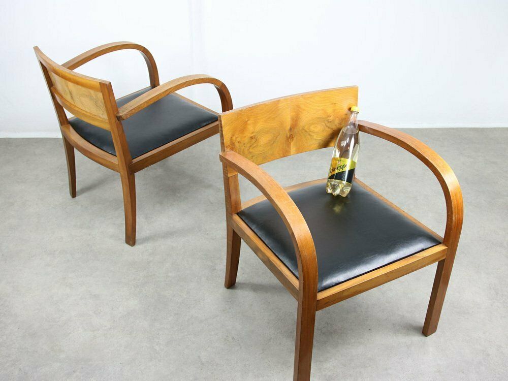 Large Italian Art Deco Lounge Chairs In Wood & Black Leatherette, Set Of 2 photo vinterior