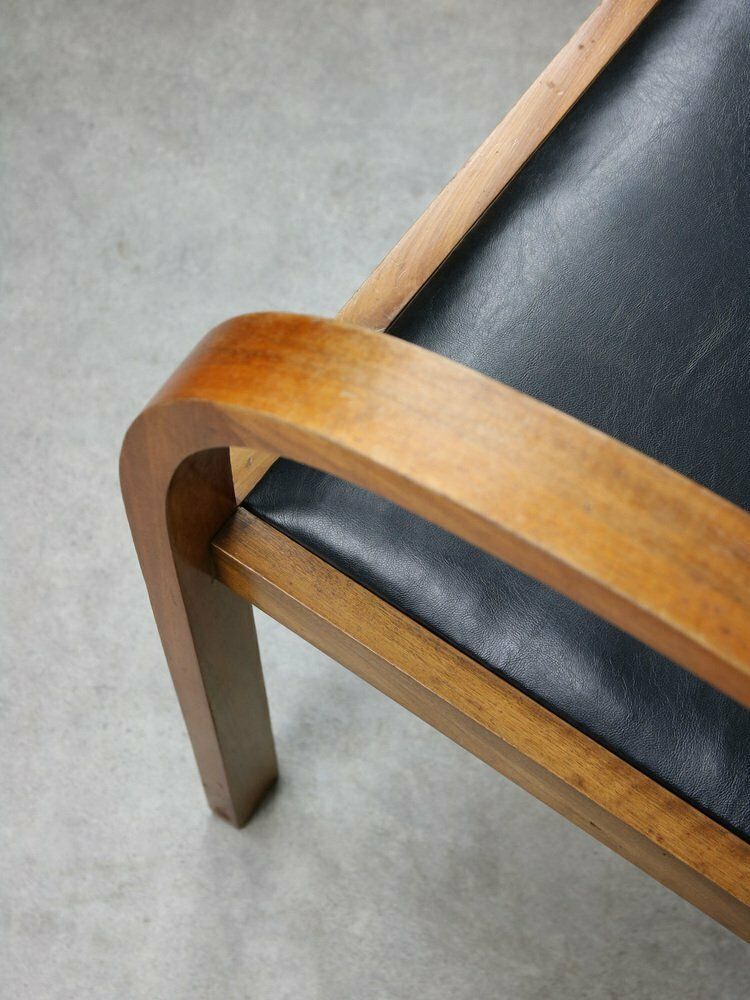 2945.0 Large Italian Art Deco Lounge Chairs In Wood & Black Leatherette, Set Of 2 photo