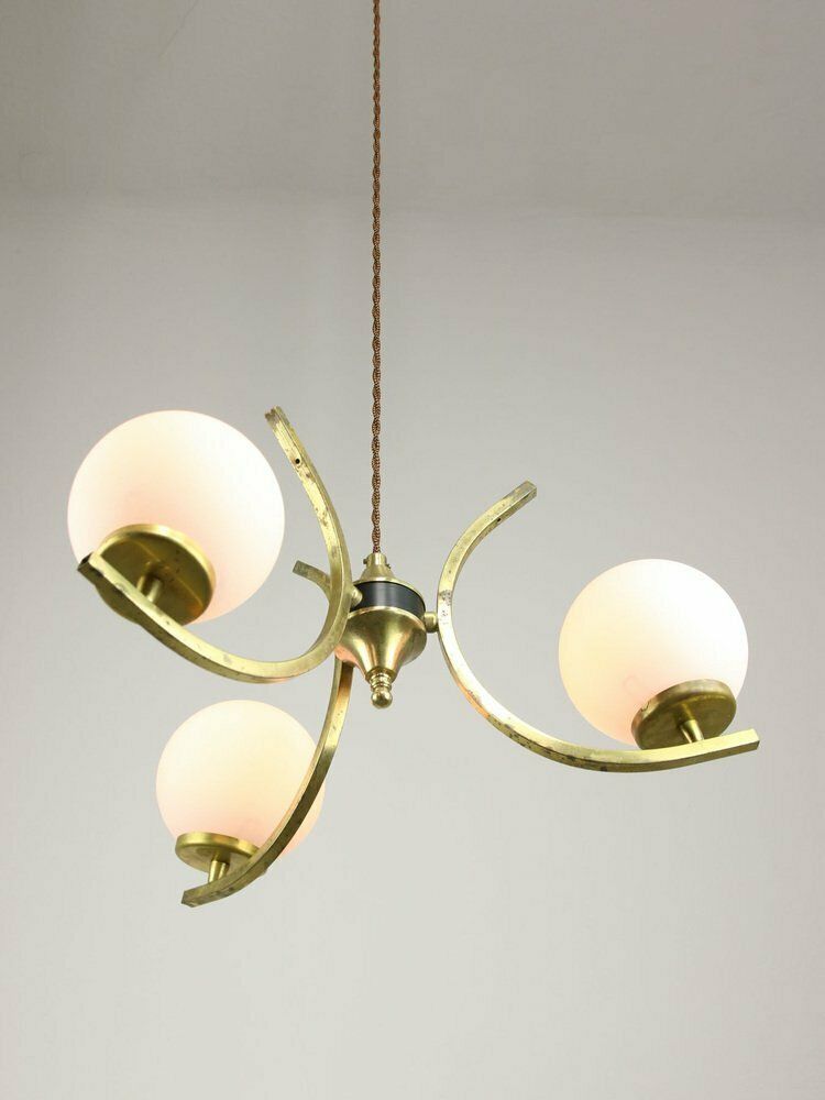 Mid Century Italian Brass And Opaline Chandelier photo for sale