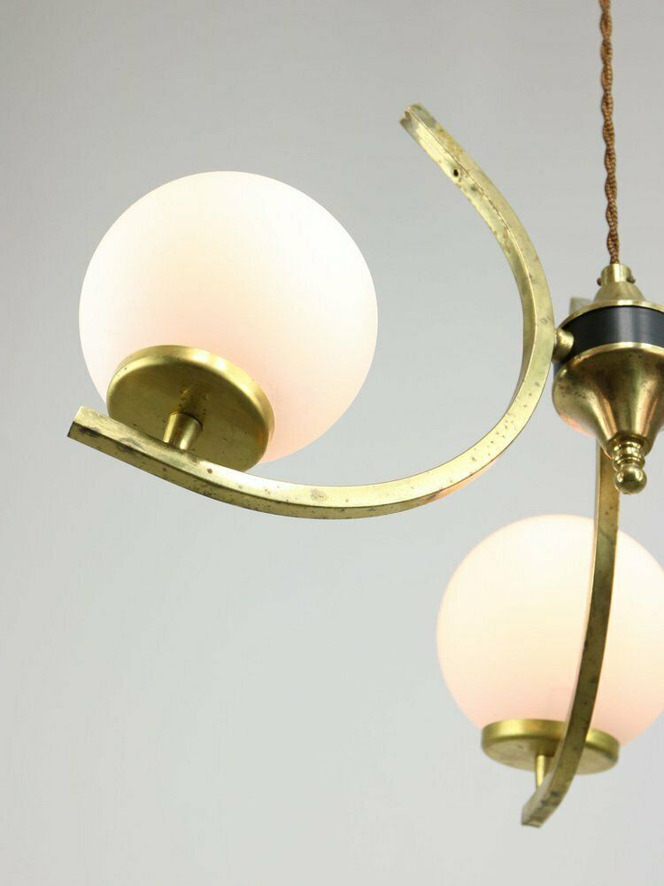 Mid Century Italian Brass And Opaline Chandelier photo Lighting