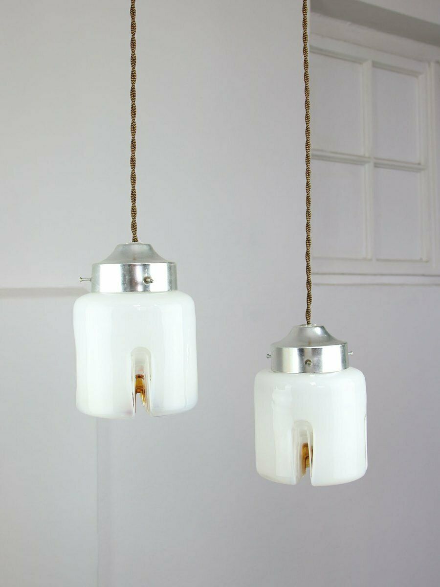 Mid Century Italian Chrome And Glass Pendant Lamps, Set Of 2 photo Lighting