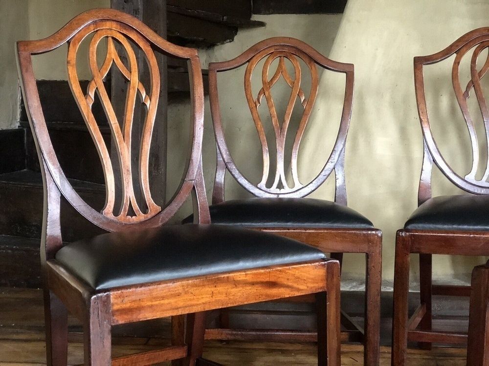 Rare Original Georgian Antique Black Genuine Leather Early Hepplewhite Country Chairs 1700 C Set Of 4 photo for sale