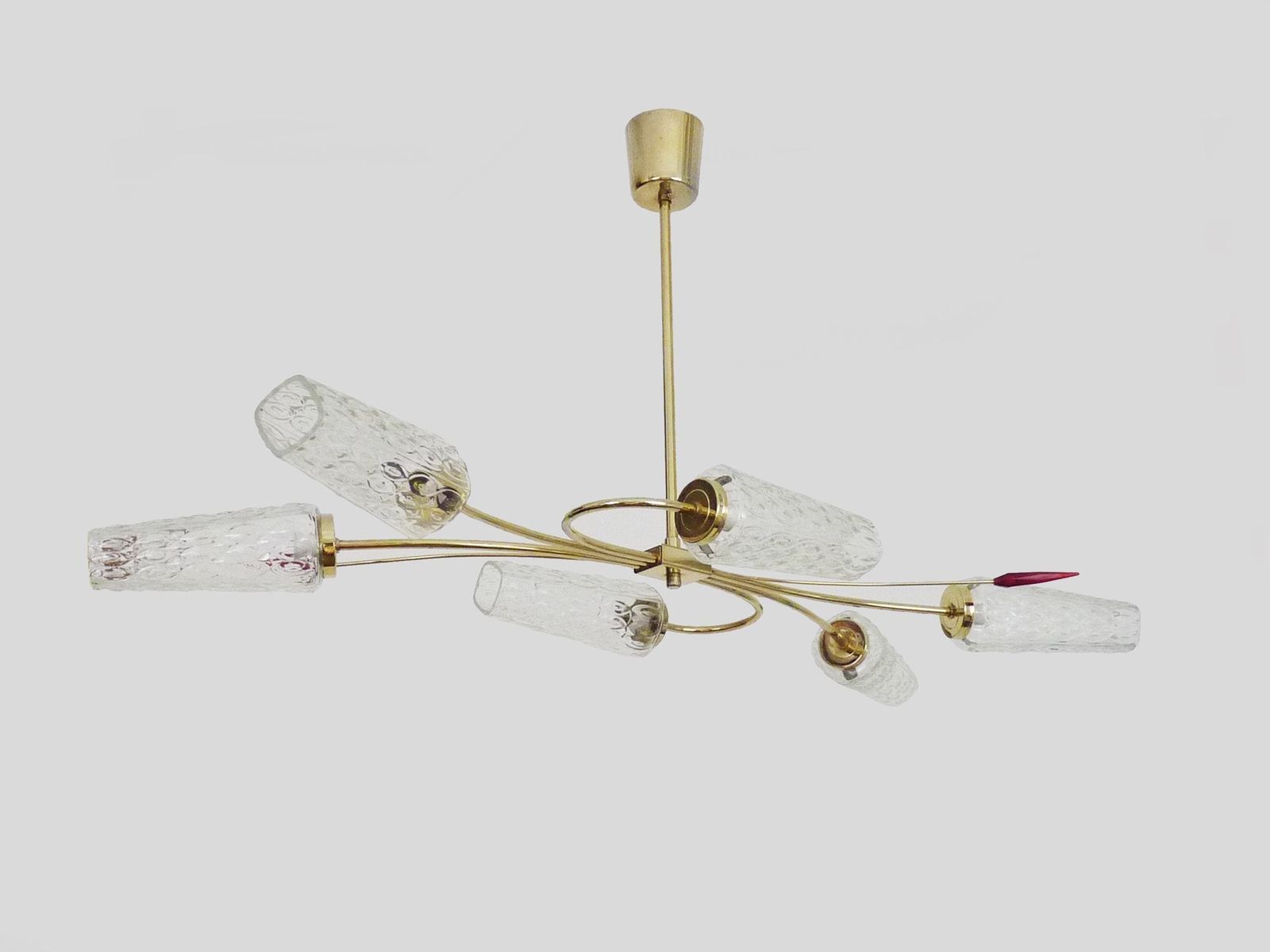 Antique Chandelier With 6 Branches, 2 Red Arrows, Brass And Diamond Glass Tubes, Vintage Lighting. 70s