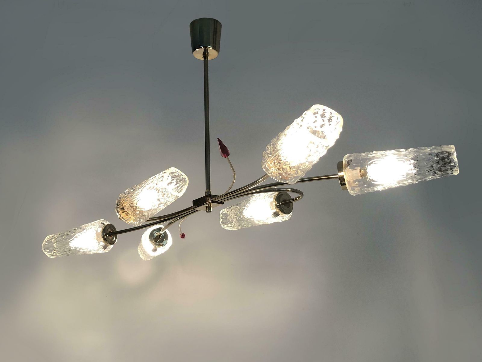Antique Chandelier With 6 Branches, 2 Red Arrows, Brass And Diamond Glass Tubes, Vintage Lighting. 70s photo furniture