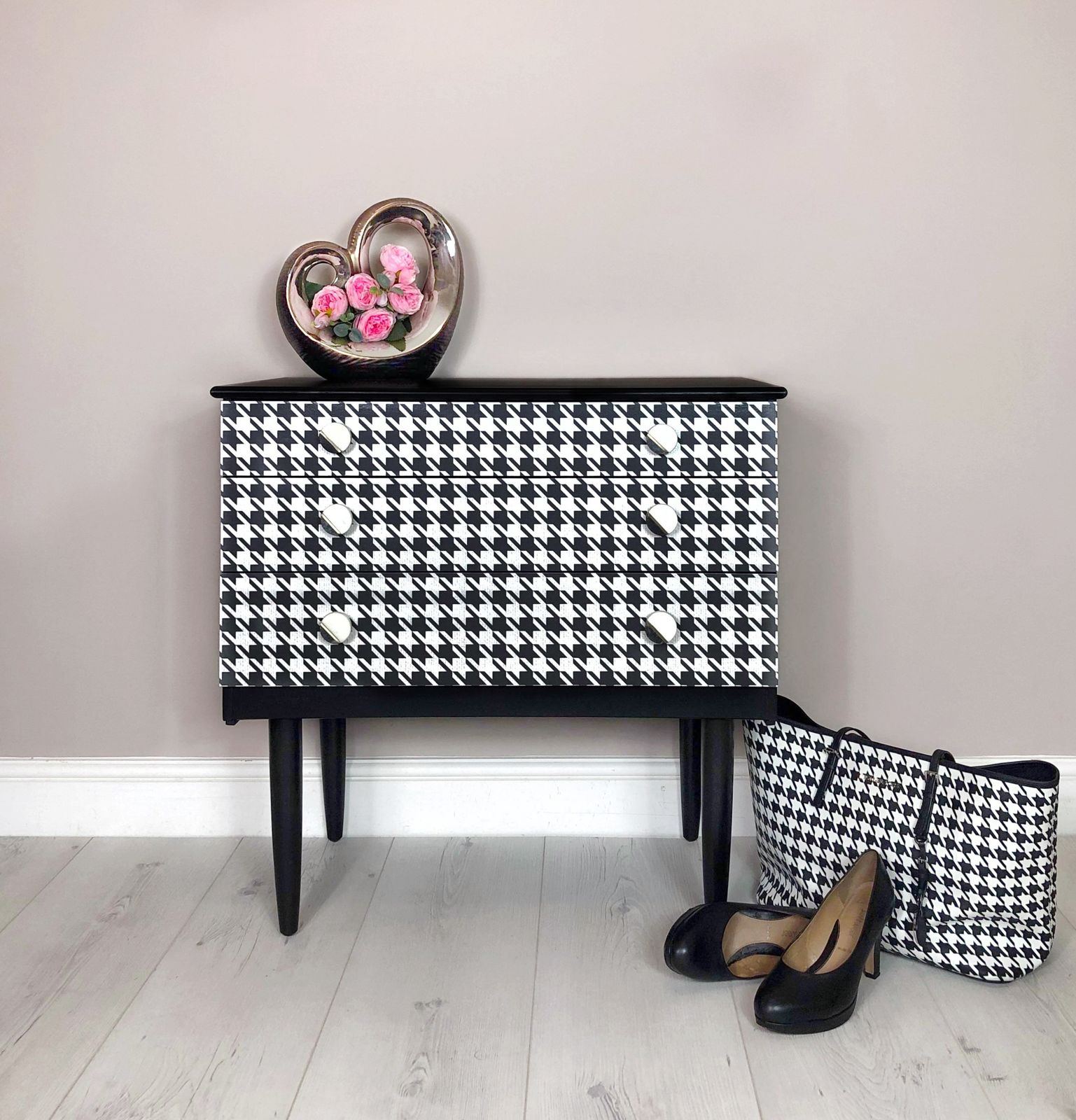 Schreiber Retro Chest Of 3 Drawer/ Side Table, Hand Painted In Black Satin Colour, Decoupaged With Dogtooth Pattern/ Marble Handles photo furniture