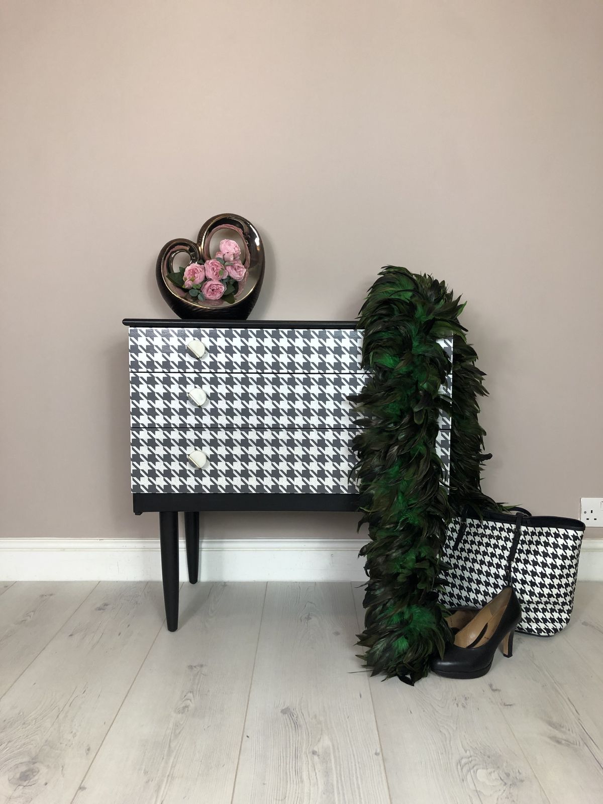 Schreiber Retro Chest Of 3 Drawer/ Side Table, Hand Painted In Black Satin Colour, Decoupaged With Dogtooth Pattern/ Marble Handles photo for sale