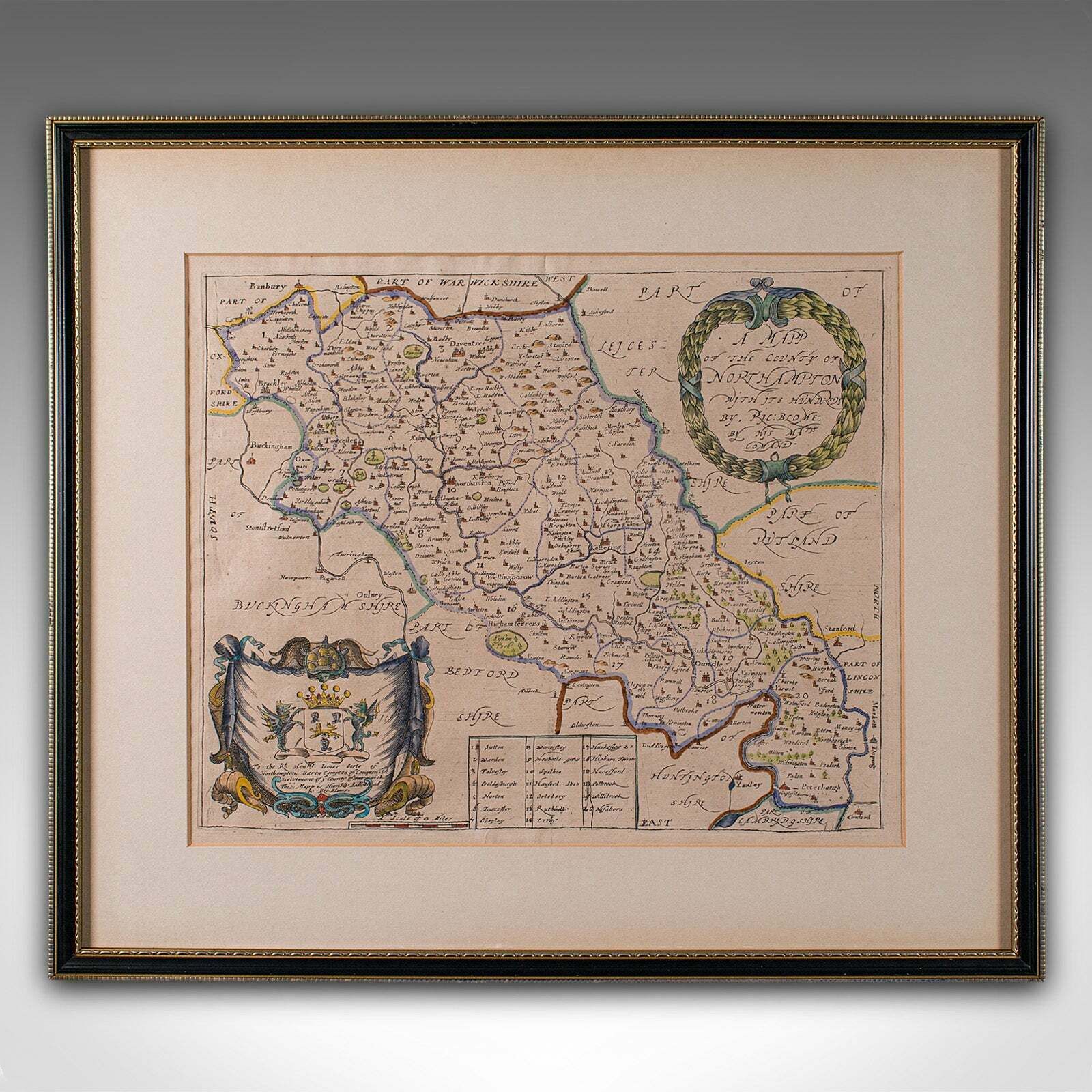 Antique County Map, Northamptonshire, English, Framed Cartography, Richard Blome photo furniture