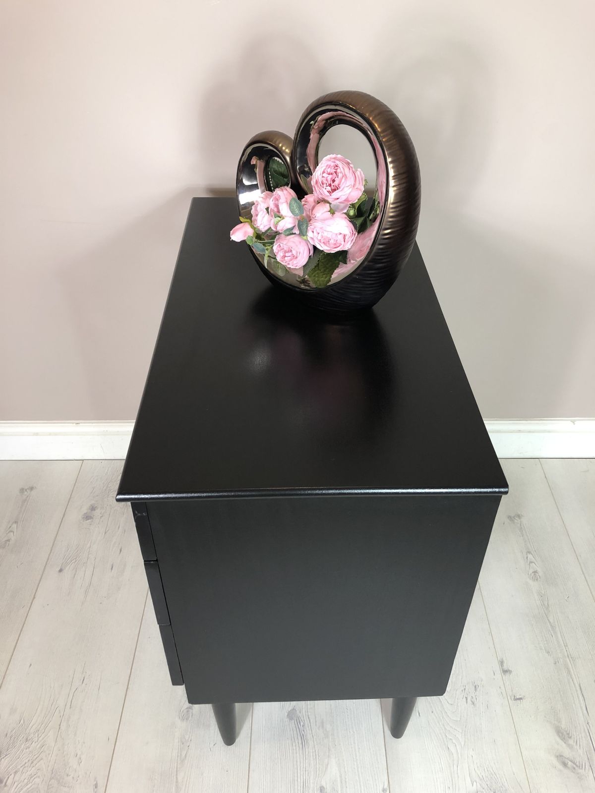 Schreiber Retro Chest Of 3 Drawer/ Side Table, Hand Painted In Black Satin Colour, Decoupaged With Dogtooth Pattern/ Marble Handles photo vinterior