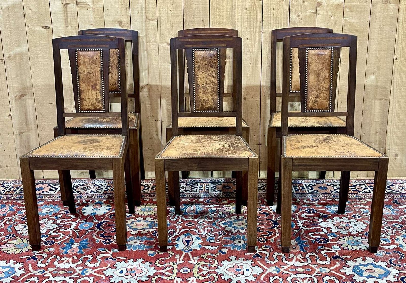 Series Of 6 Art Deco Chairs In Mahogany And Leather From The 1930s photo for sale