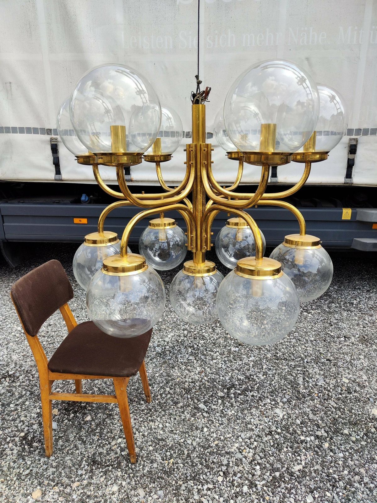 Large Brass Pendant Chandelier / Hanging Light With Big Glass Bulbs / Italian Style Light / Hall / Church / Old Money Light / 1960 / Xxl