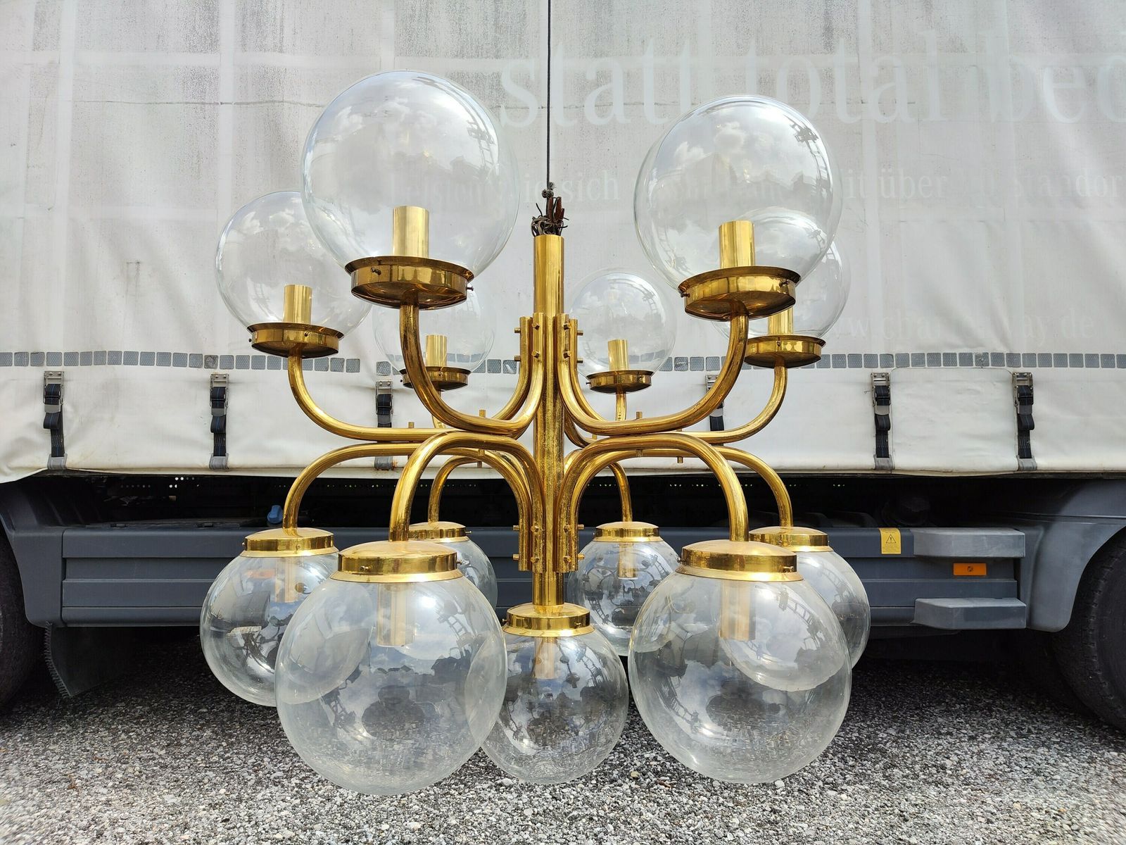 Large Brass Pendant Chandelier / Hanging Light With Big Glass Bulbs / Italian Style Light / Hall / Church / Old Money Light / 1960 / Xxl photo vinterior