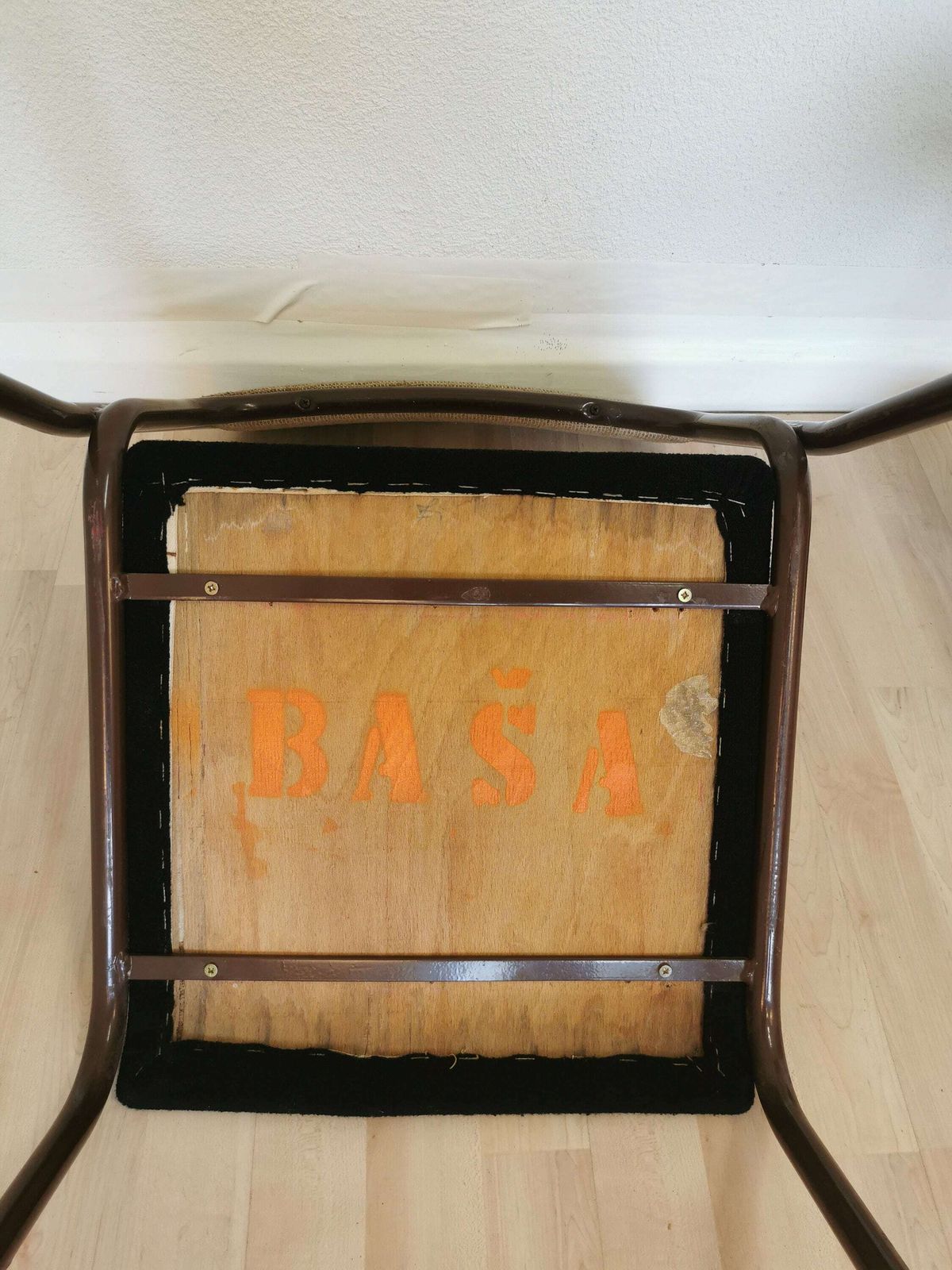 Vintage Brown Metal Dine Chair With Retro Brown And Black Fabric /1970s, Yugoslavia / Baša / Space Age Dining / Stackable Chrome Tubular photo vinterior