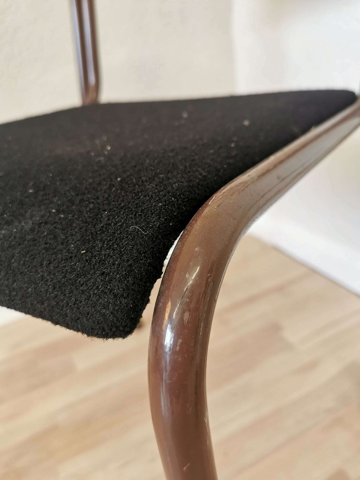 photo furniture Vintage Brown Metal Dine Chair With Retro Brown And Black Fabric /1970s, Yugoslavia / Baša / Space Age Dining / Stackable Chrome Tubular