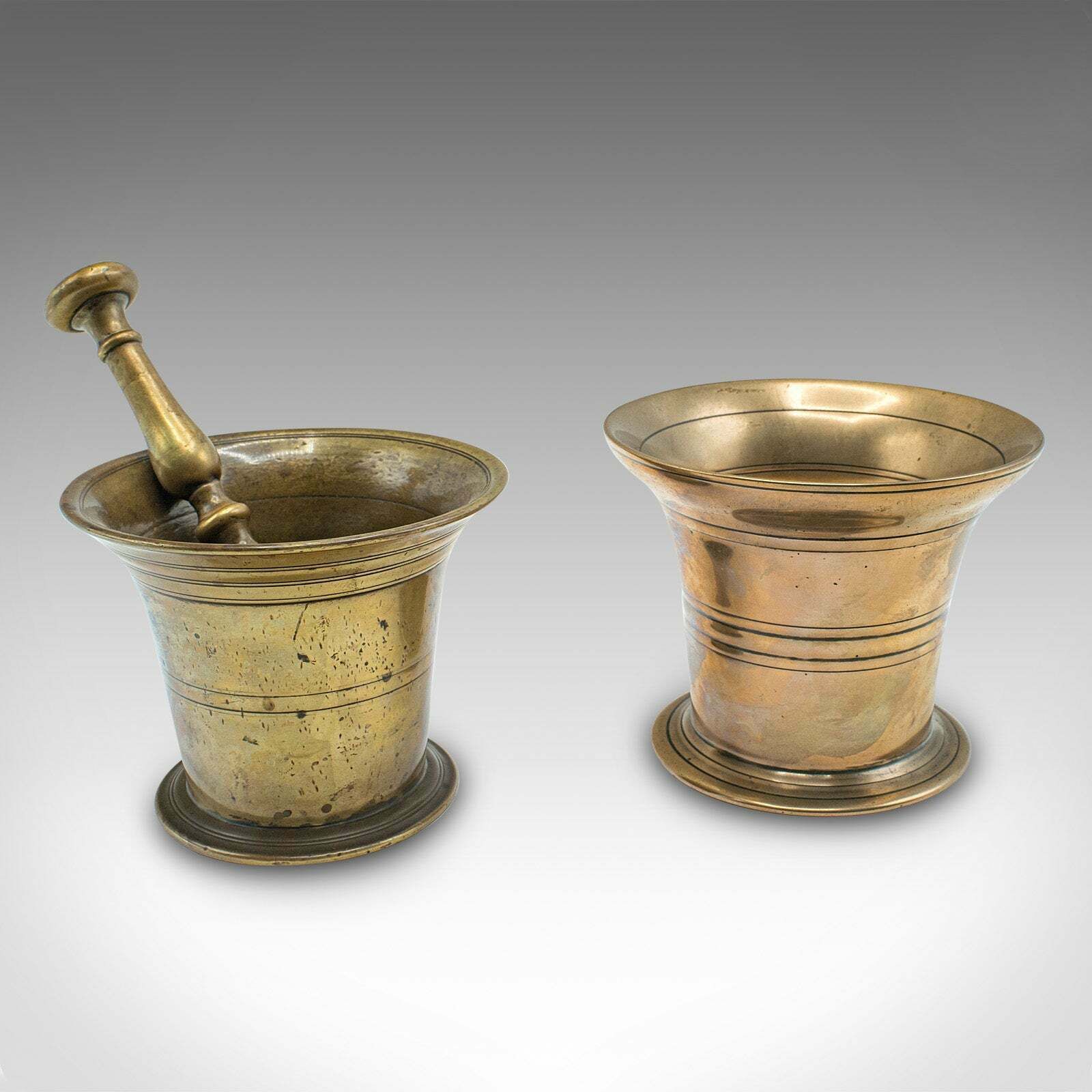 Antique Mortar And Pestle Duo, English, Brass, Apothecary, Jardiniere, Georgian
