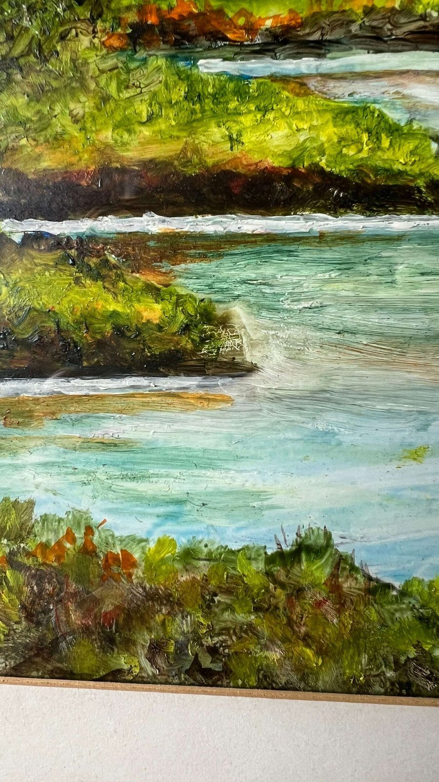 Original Vintage Framed Oil Painting Depicting A Landscape Of Lake And Mountains photo buy