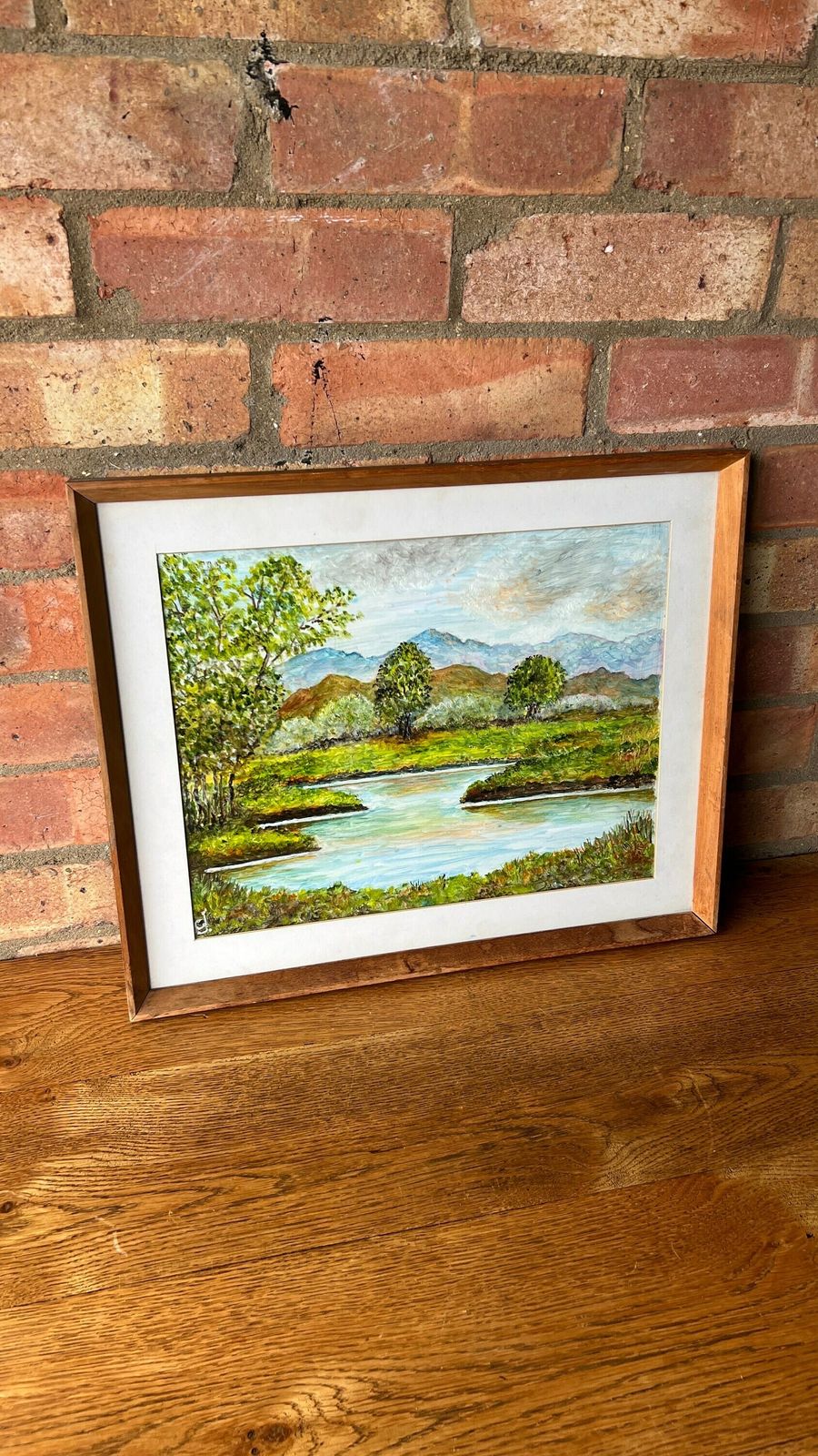 photo for sale Original Vintage Framed Oil Painting Depicting A Landscape Of Lake And Mountains