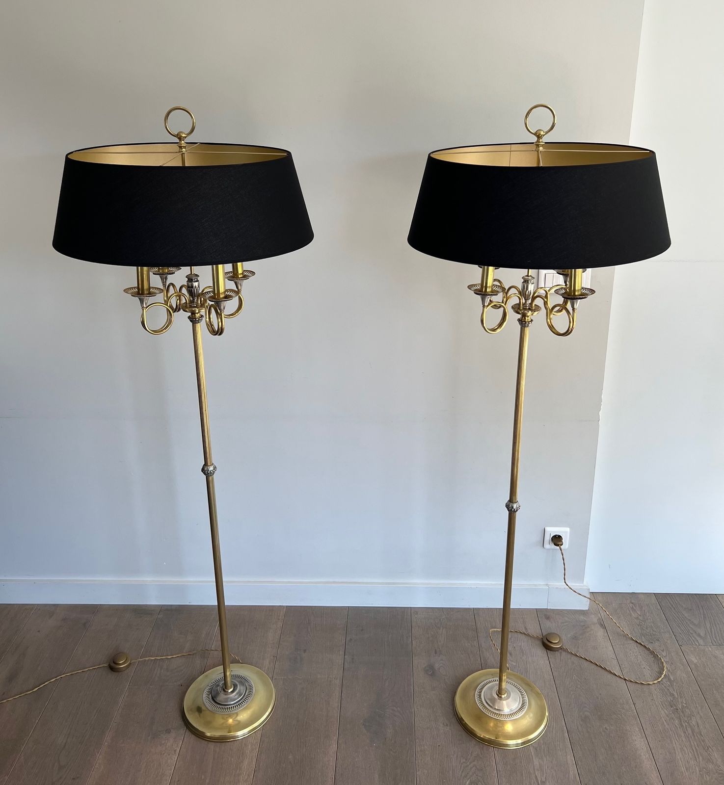 3500.0 Pair Of Parquet Floor Lamps In Brushed Steel And Brass. In The Style Of Maison Charles photo