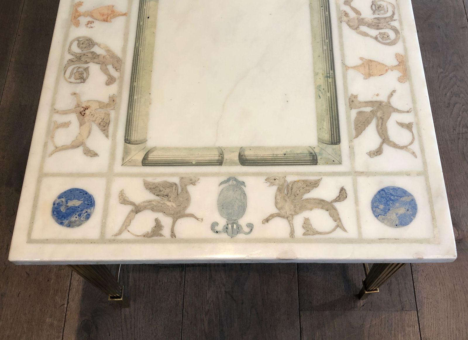Neoclassical Style Coffee Table In Bronze And Brass With Marble Top Decorated With Greek Motifs photo vintage