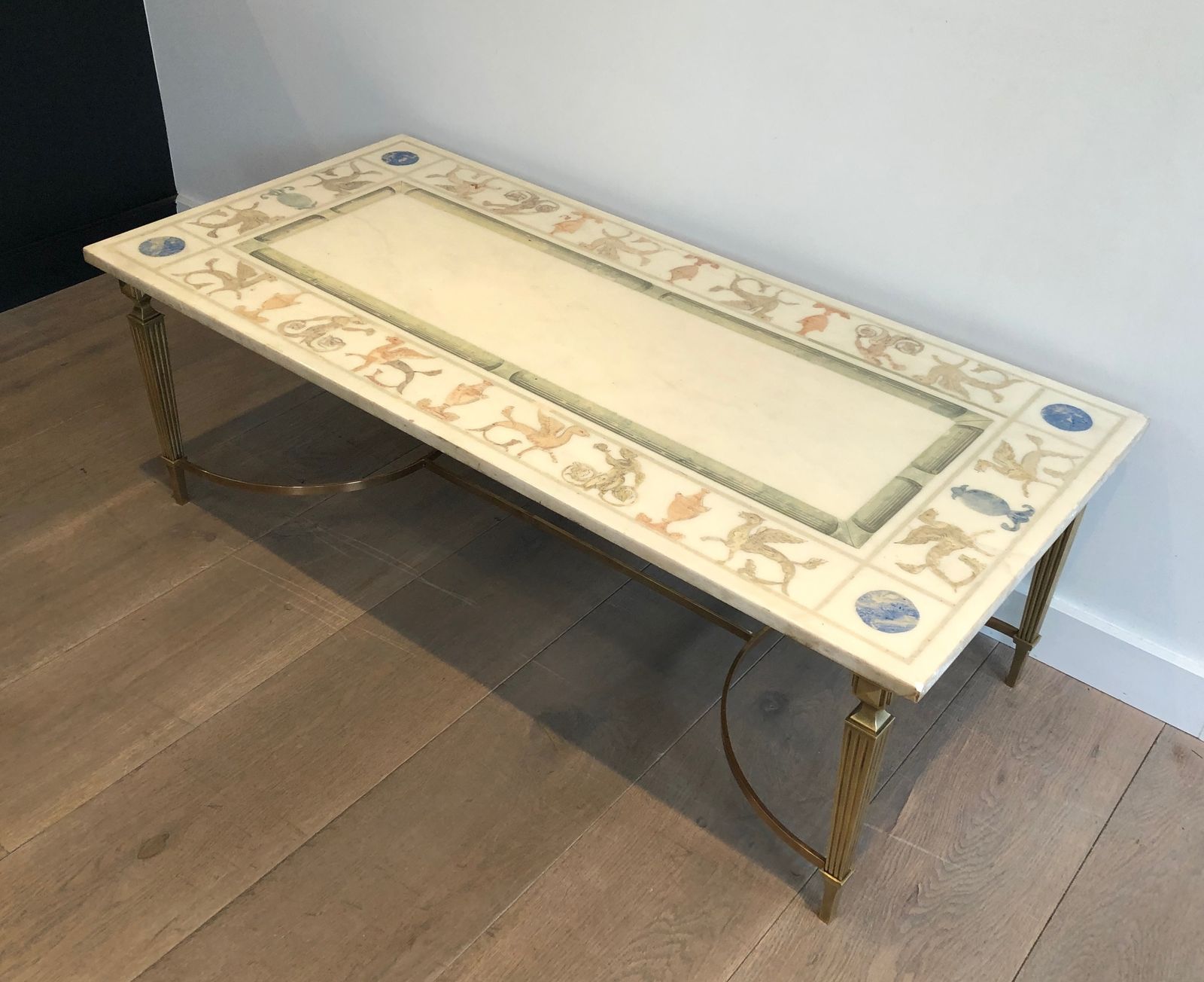 2950.0 Neoclassical Style Coffee Table In Bronze And Brass With Marble Top Decorated With Greek Motifs photo