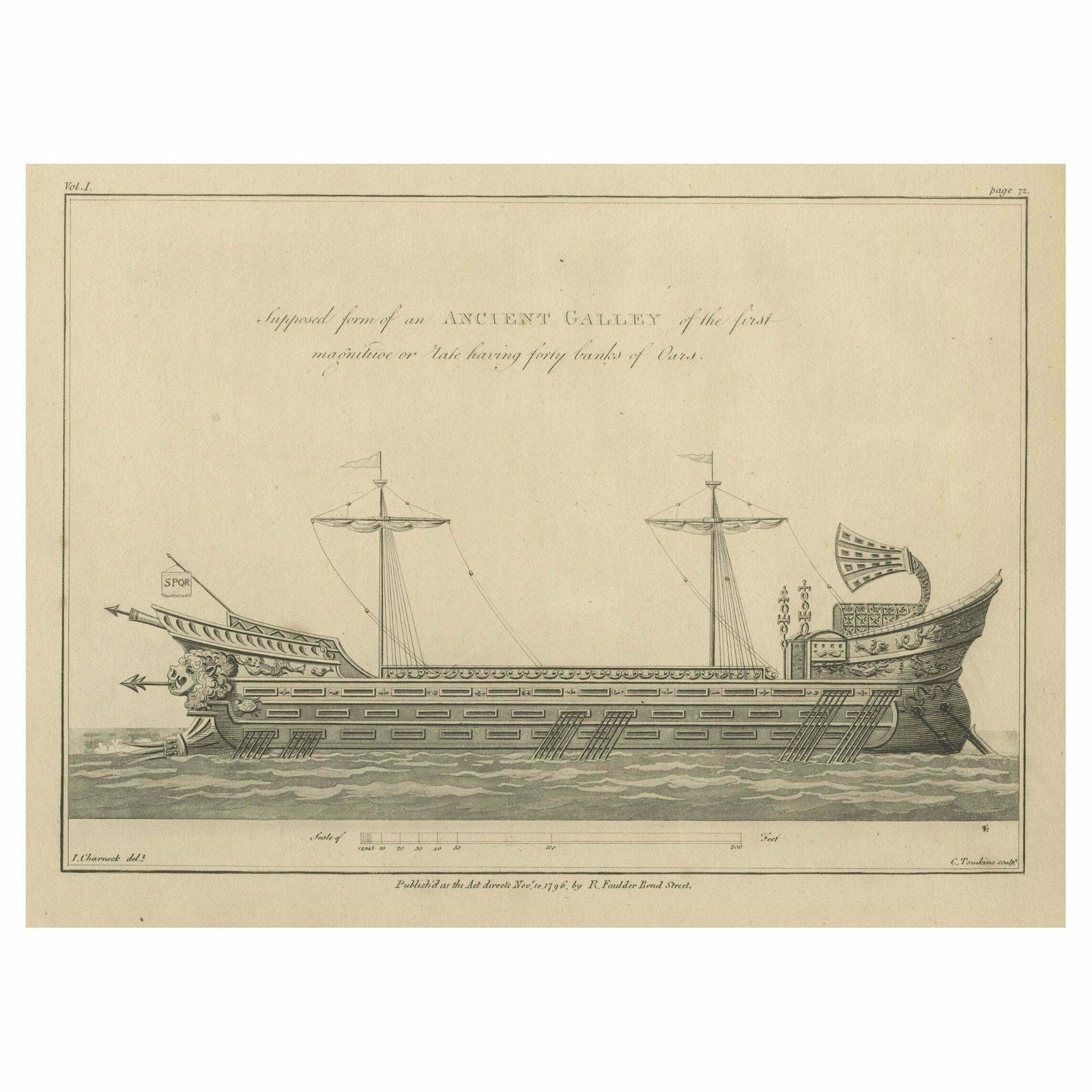 Original Antique Print Of An Ancient Galley, 1802