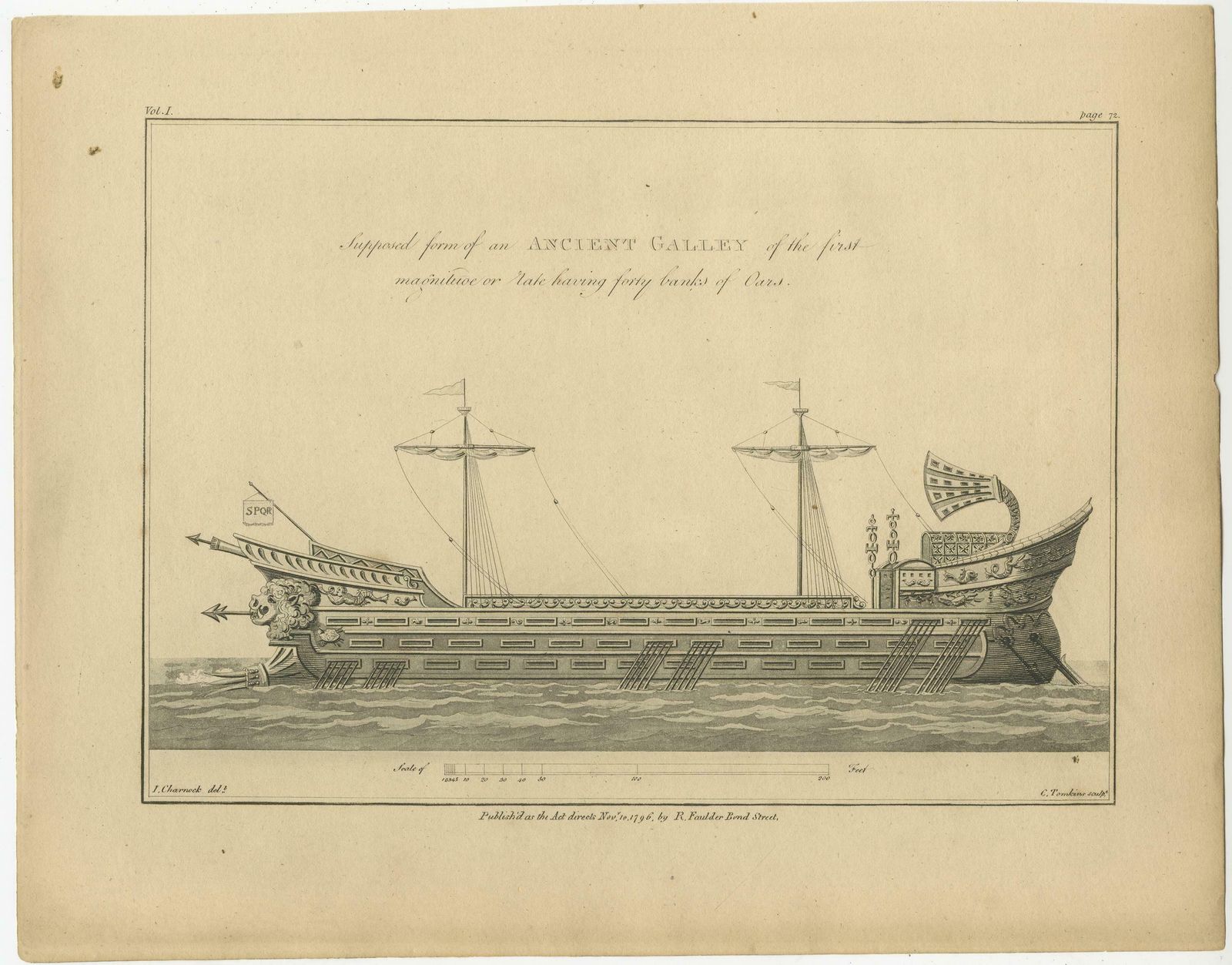 Original Antique Print Of An Ancient Galley, 1802 photo furniture