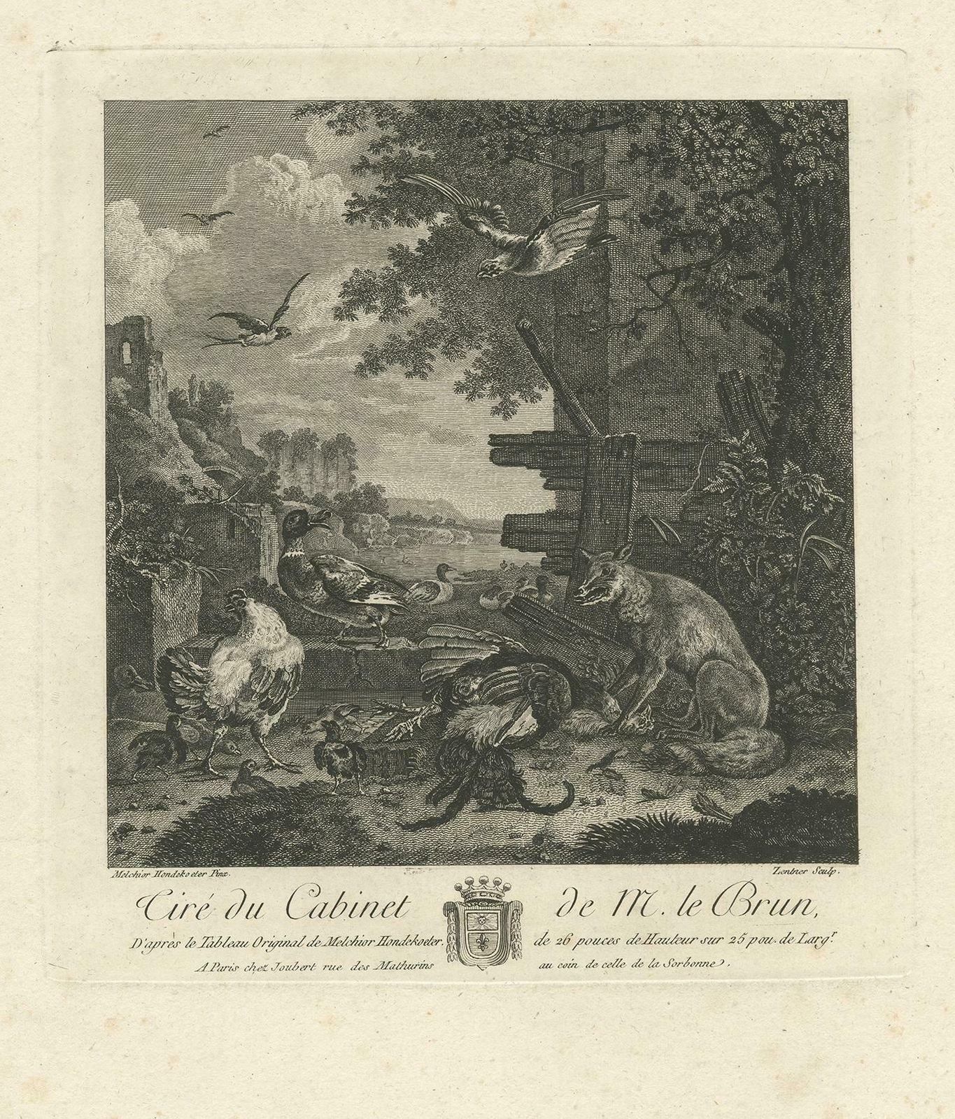Antique Print Of A River Landscape With A Fox And Birds By Le Brun (1792) photo furniture