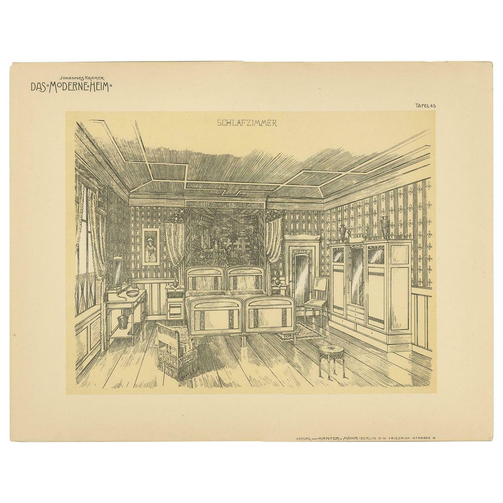 Decorative Antique Print Of A Bedroom, Published Circa 1910