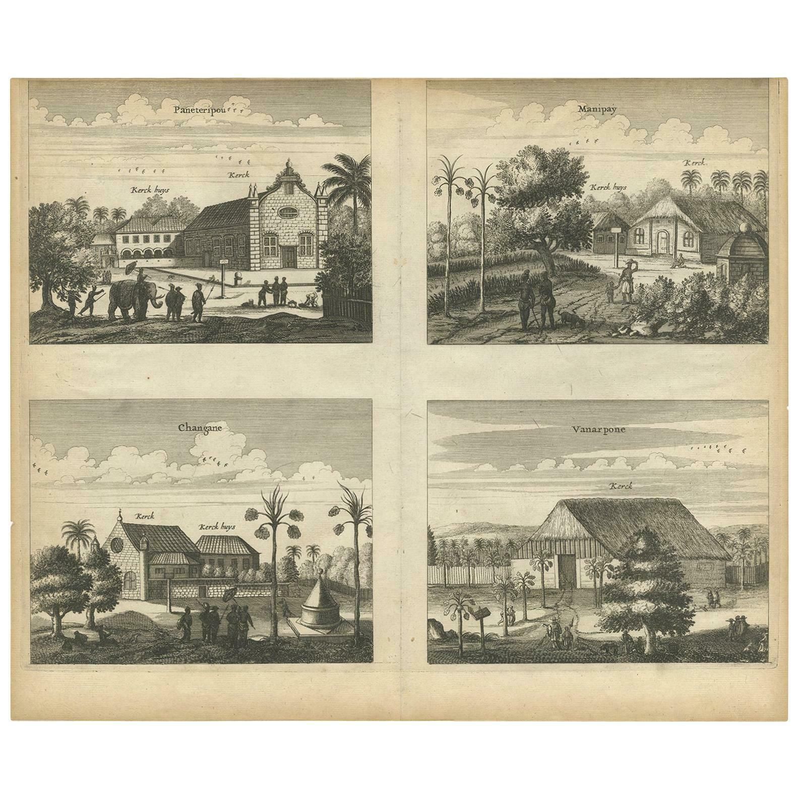 Antique Print Of The Churches Of Paneteripoum, Manipay, Changane And Vanarpone