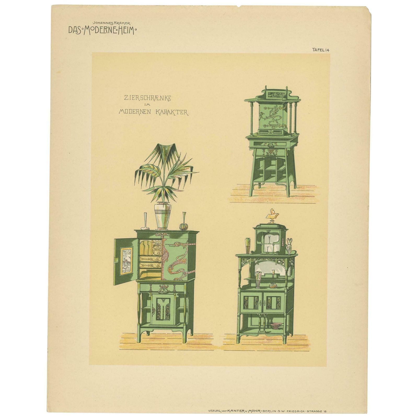 Pl. 14 Antique Print Of Decorative Cabinets By Kramer 'Circa 1910'