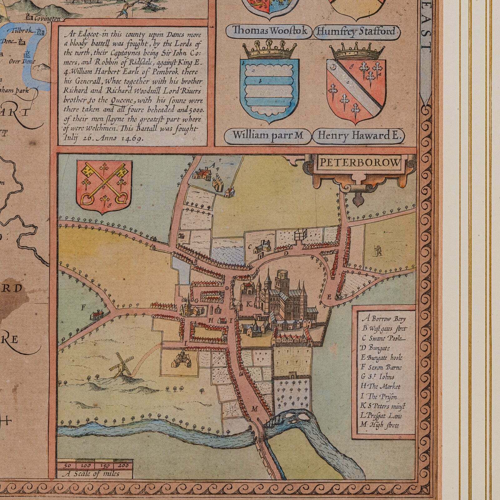 Large Antique Lithography Map, Northamptonshire, Framed Cartography, John Speed photo buy