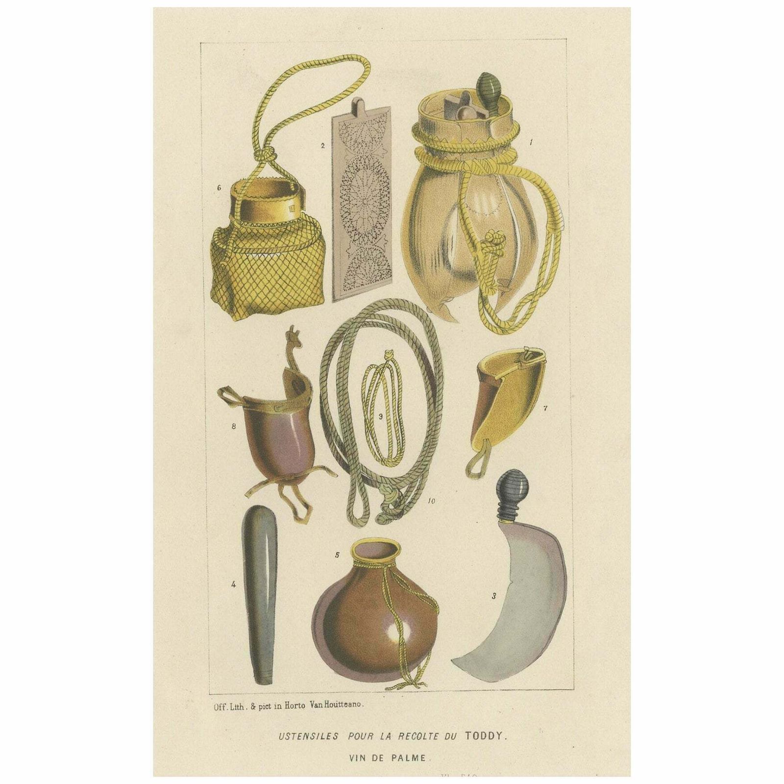 Antique Lithograph Of Utensils To Harvest Palm Wine Or Toddy, 1851