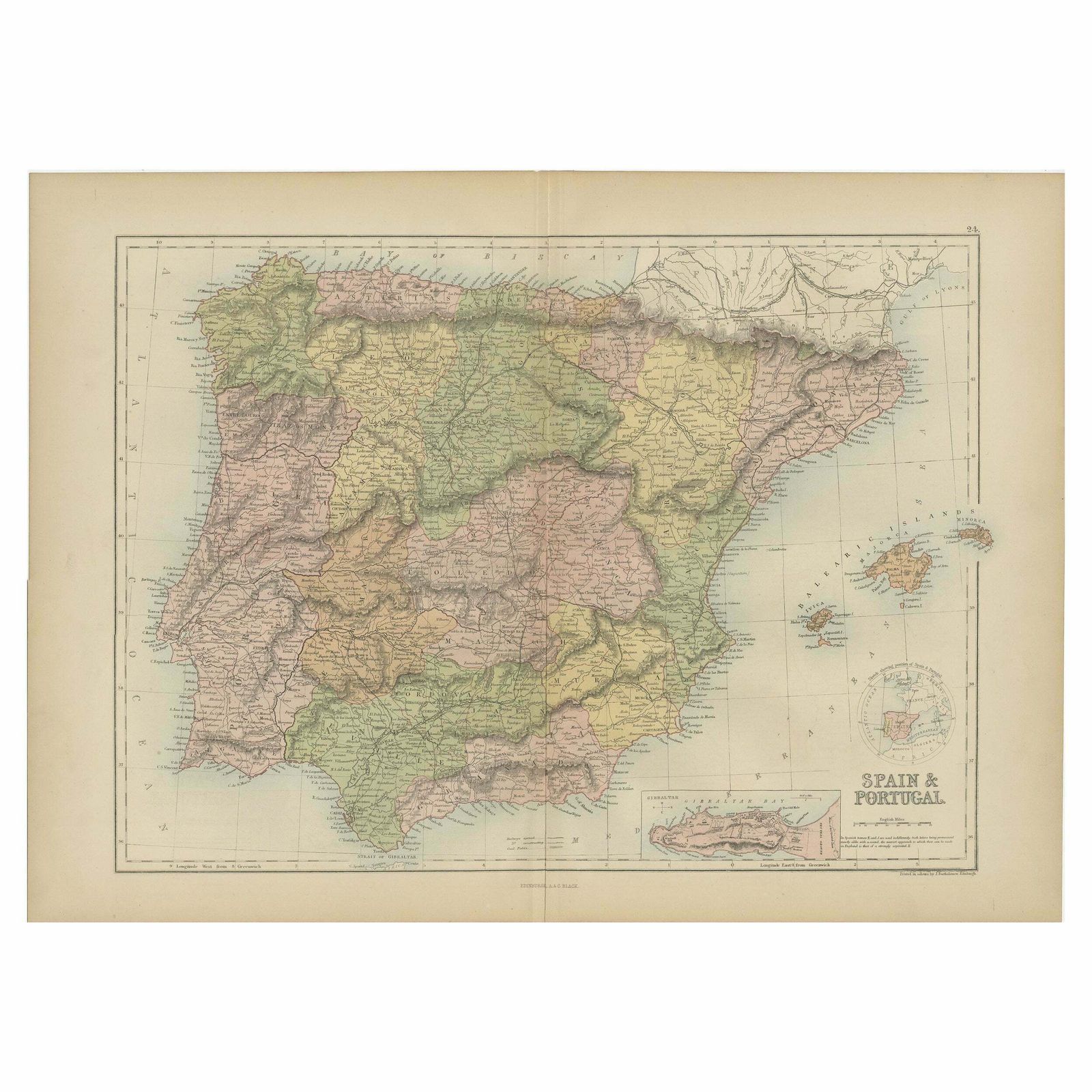 Antique Map Of Spain And Portugal By A & C. Black, 1870