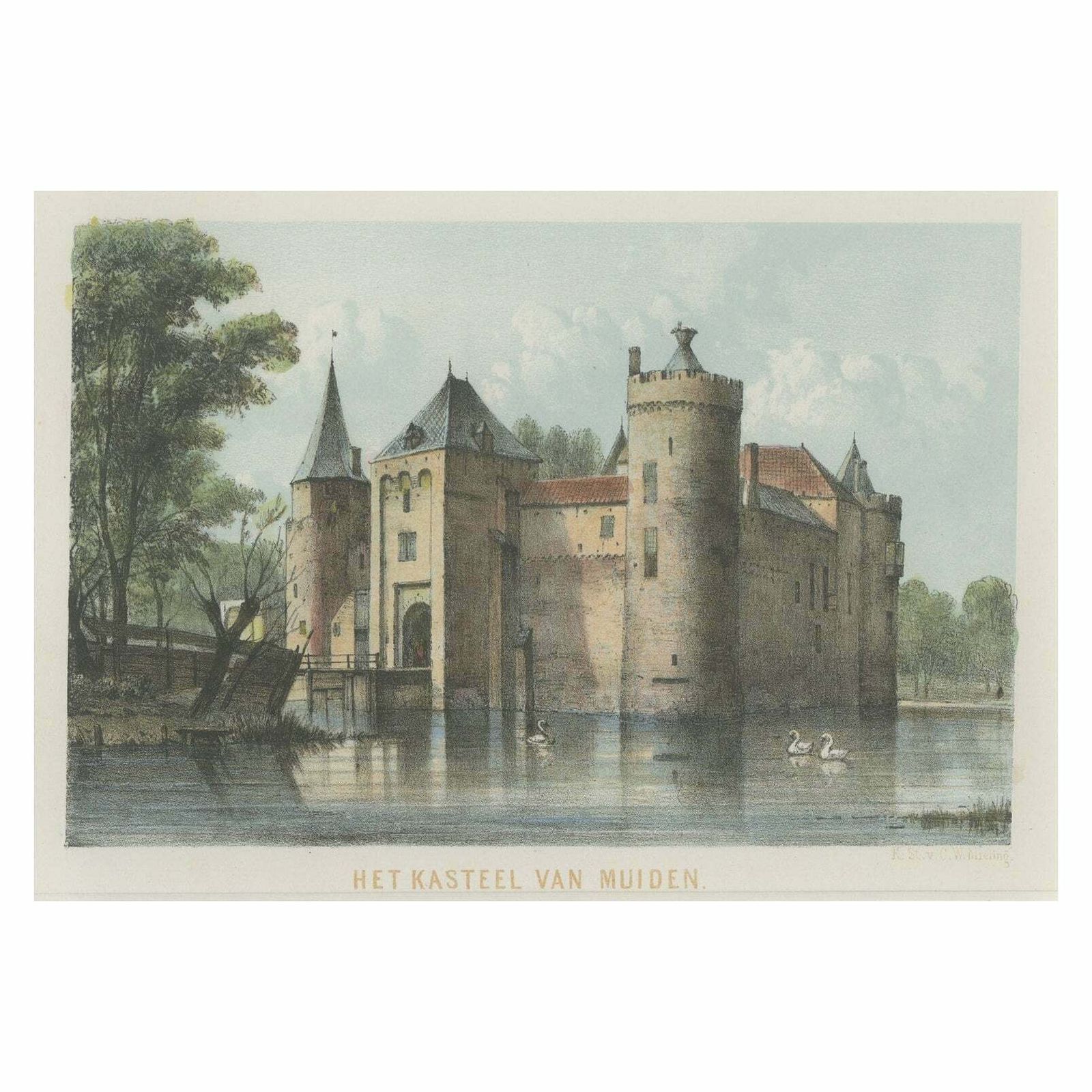 Antique Hand Colored View Of Muiden Castle, The Netherlands, Ca.1895
