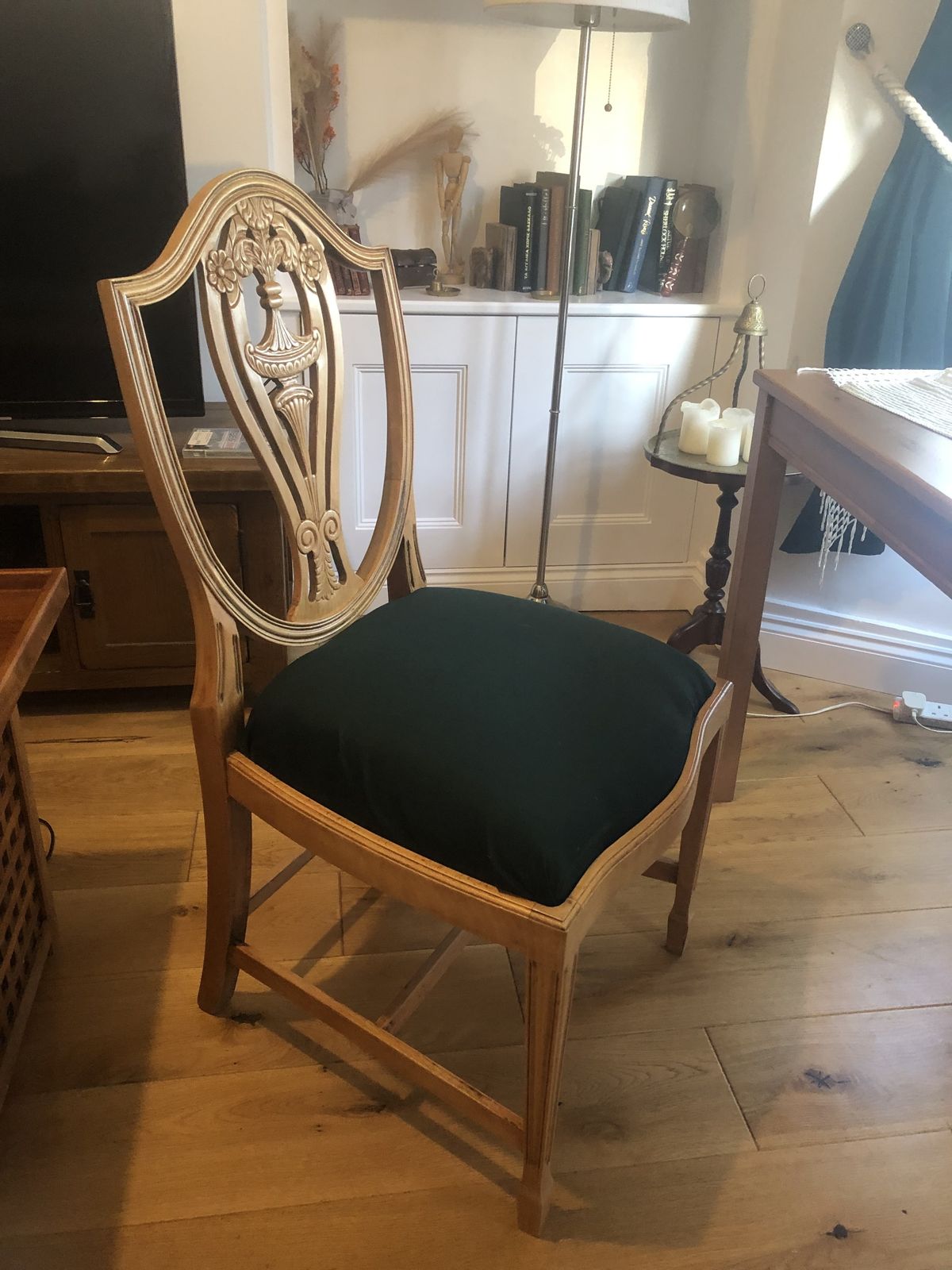 Wooden Chair With Carved Backrest And Upholster Seat photo Furniture