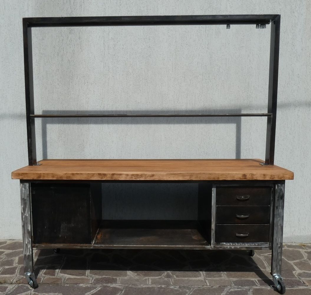Industrial Style Island Counter In Steel And Walnut, 1970s