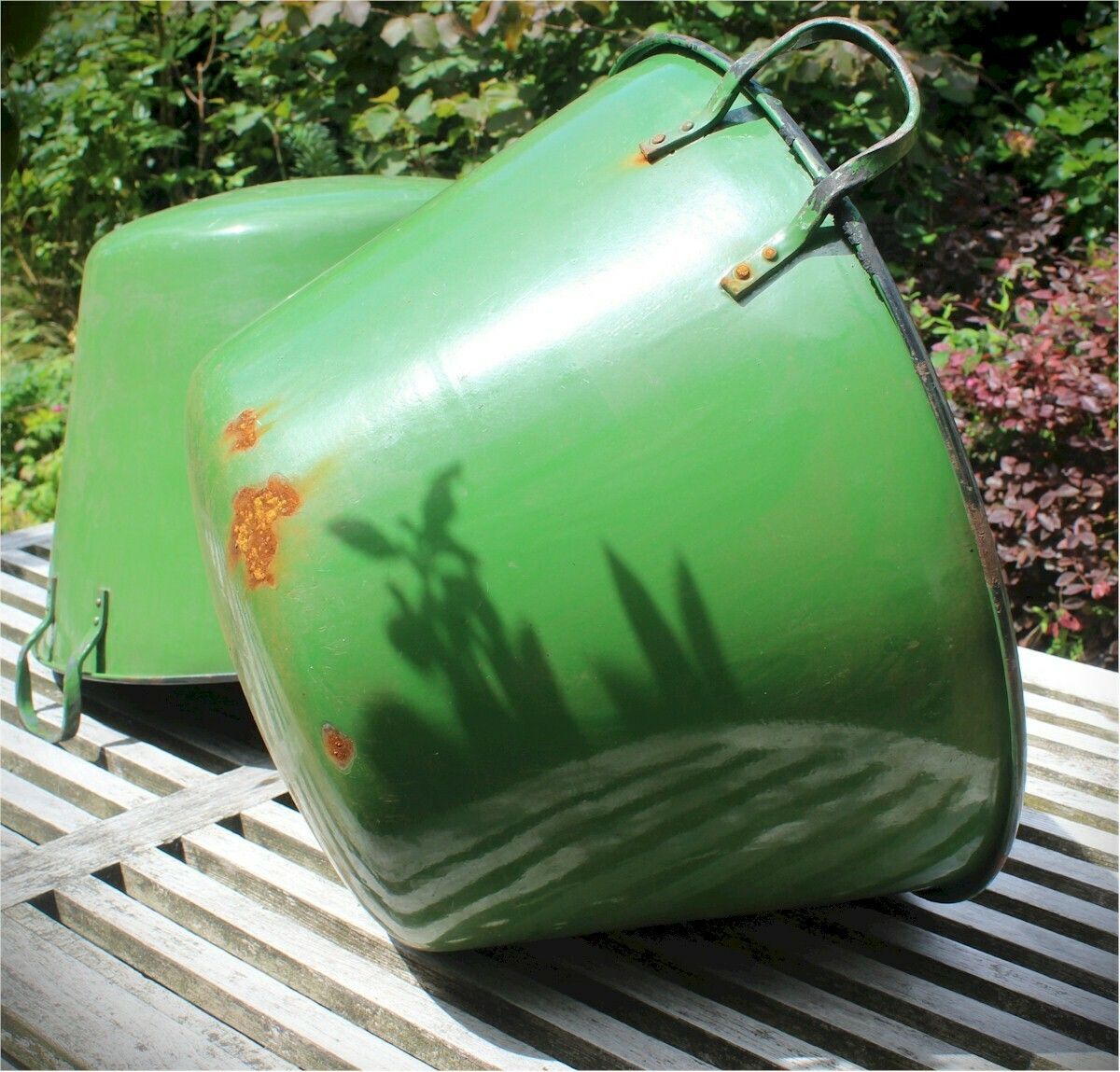 Pair Of Green Enamelled Planters photo Garden Decor