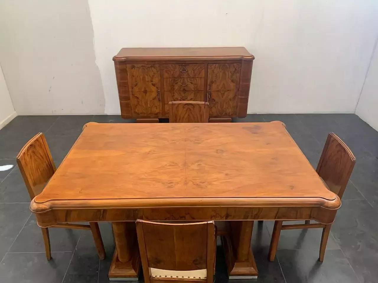 4 Chairs And Table In Walnut And Walnut Feather, 1940s photo vintage