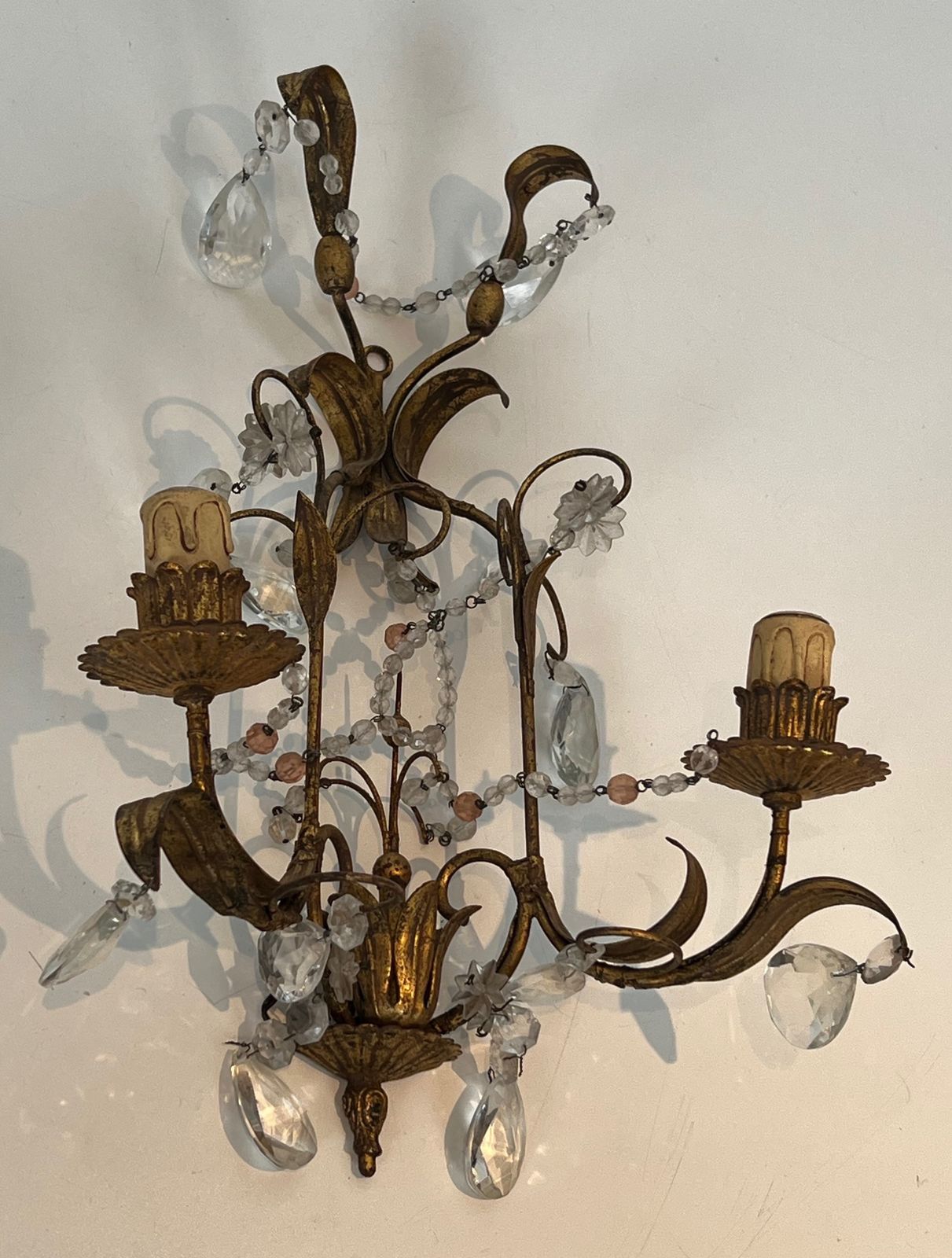 Pair Of Wall Lights In Gilded Metal And Crystals In The Style Of Maison Baguès photo for sale