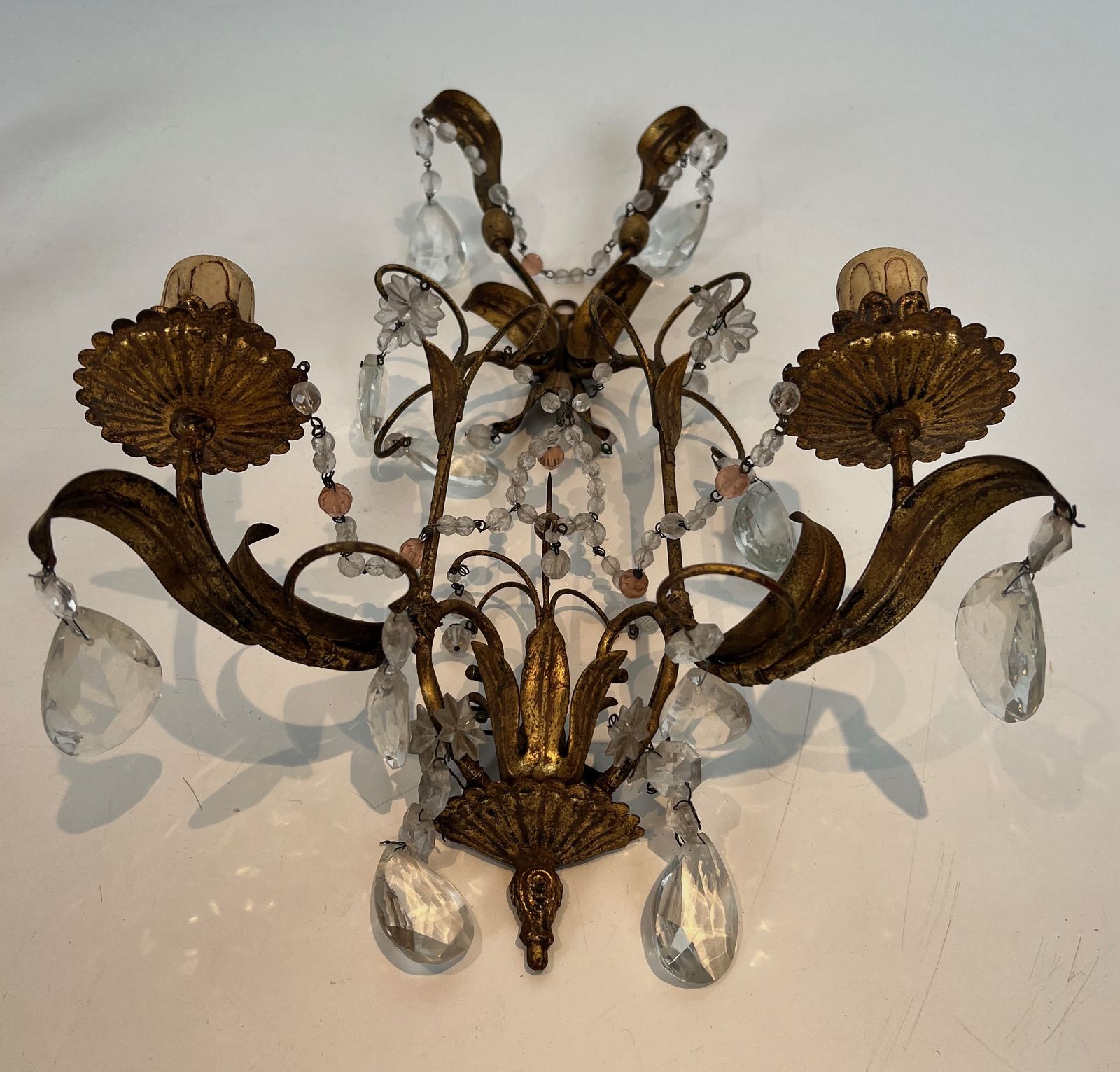 Pair Of Wall Lights In Gilded Metal And Crystals In The Style Of Maison Baguès photo Lighting