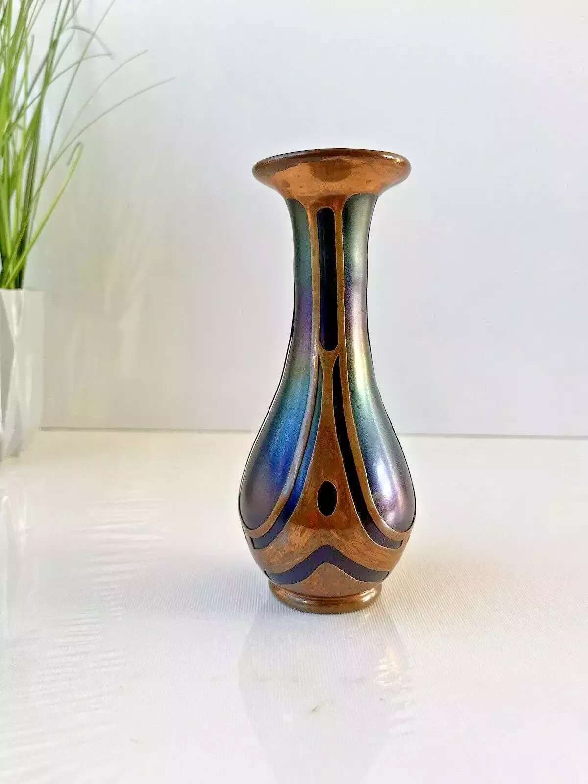 photo furniture Nouveau Secessionist Bohemian Iridescent Glass Copper Clad Vase By Carl Goldberg