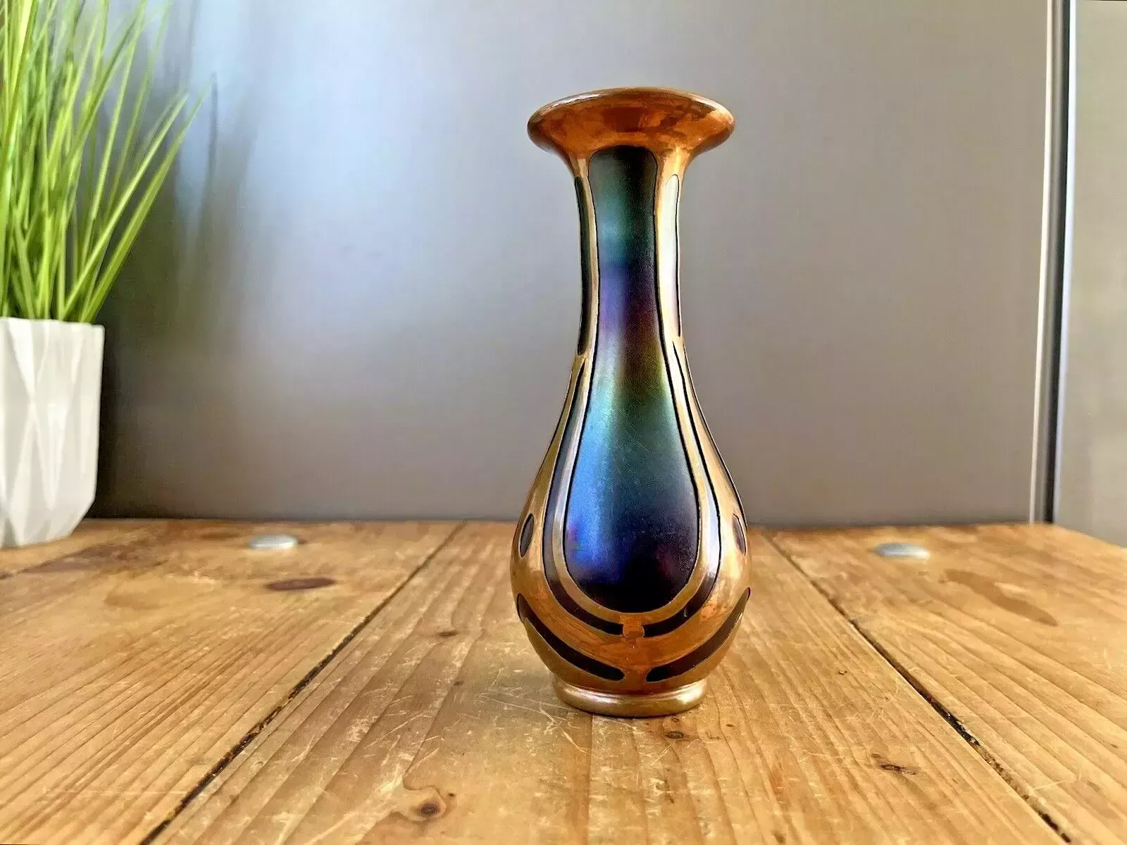 Home Decor Nouveau Secessionist Bohemian Iridescent Glass Copper Clad Vase By Carl Goldberg photo