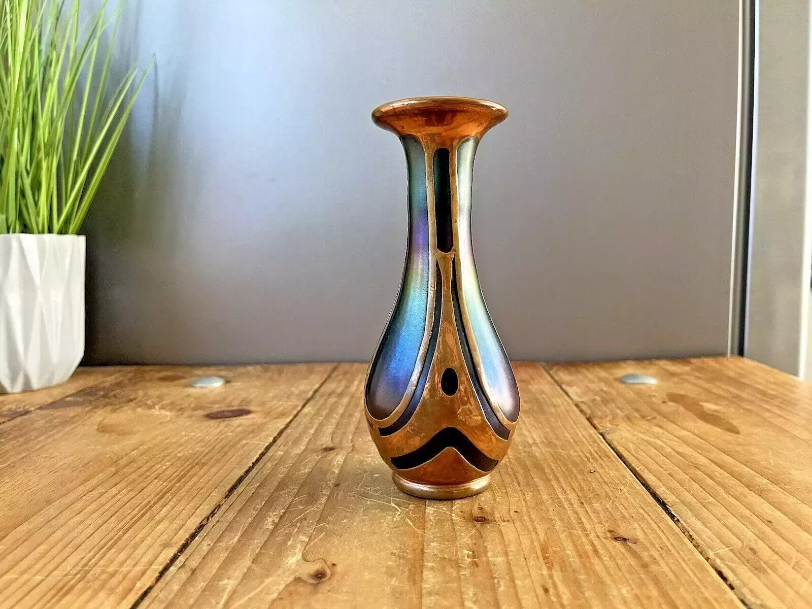 photo vinterior Nouveau Secessionist Bohemian Iridescent Glass Copper Clad Vase By Carl Goldberg