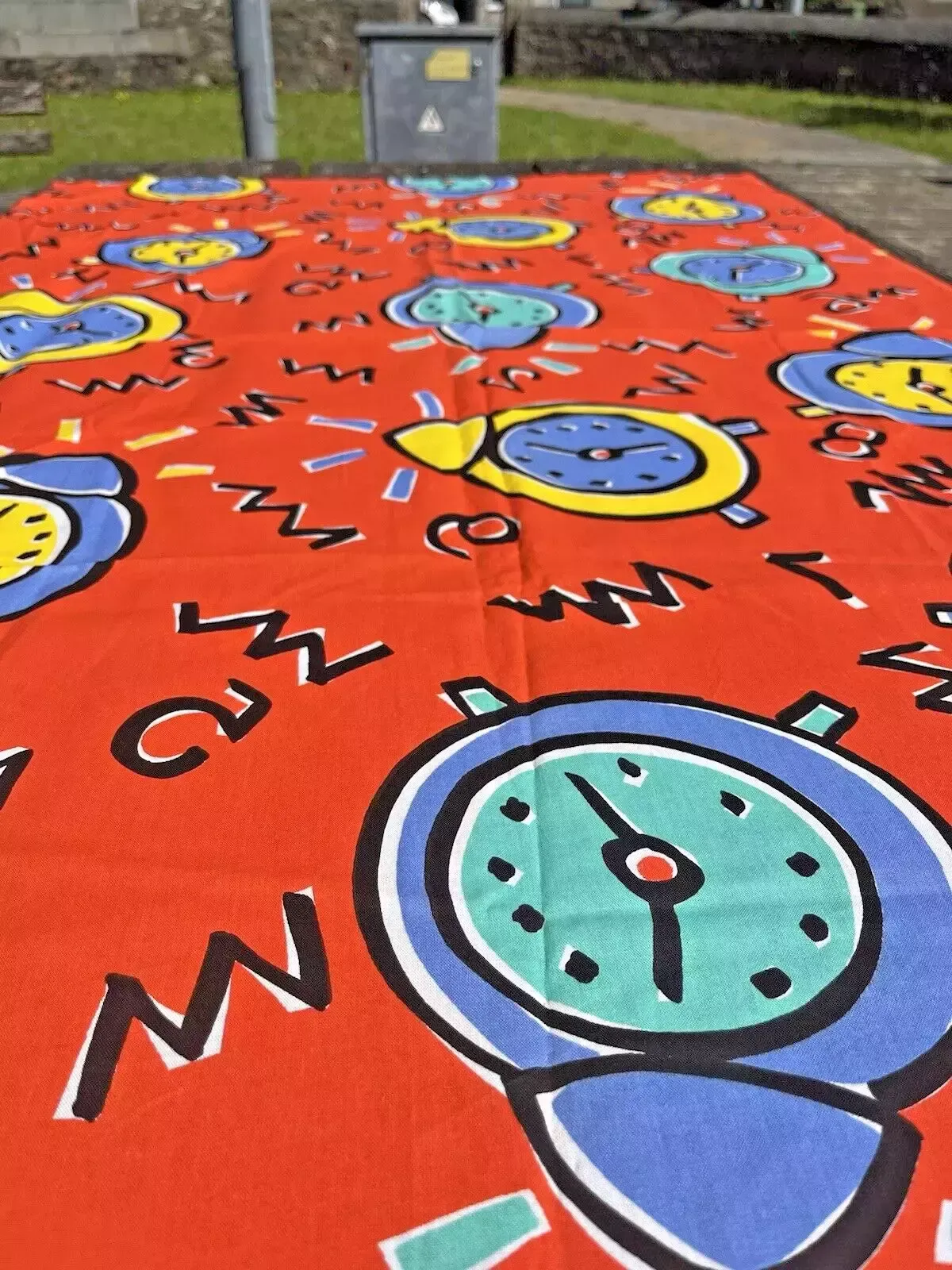 Retro 80's 90's Pop Art Alarm Clock Orange Table Cloth Covering Material Vintage photo Textiles