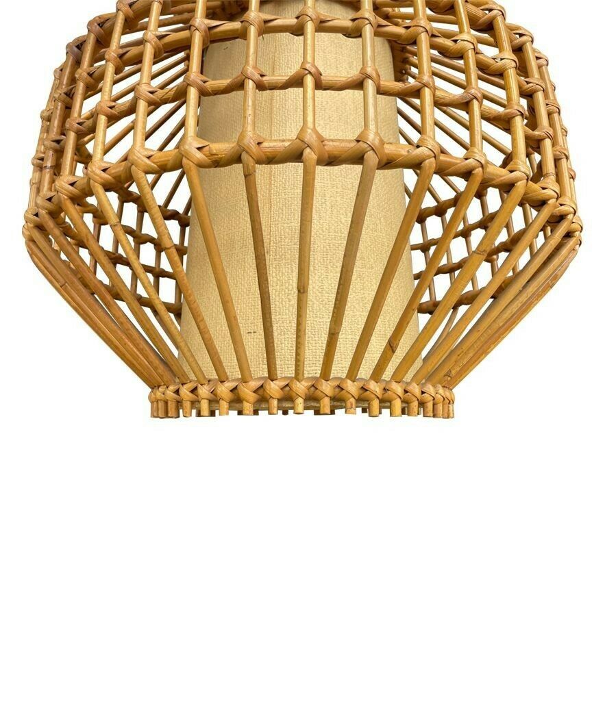 photo for sale A French 1960s Woven Bamboo And Parchment Hanging Light By Louis Sognot