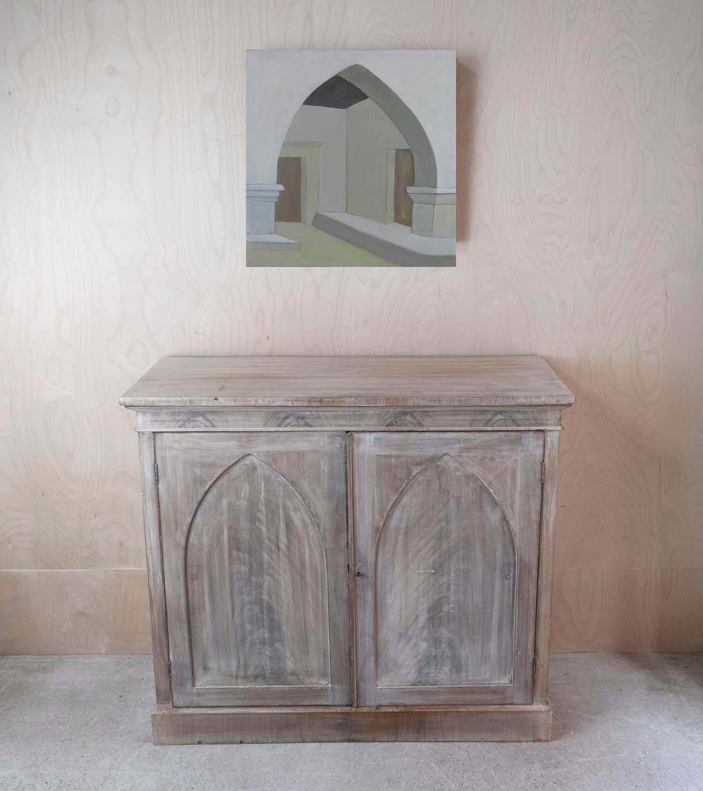 Mid Century Oil Painting Of A Gothic Interior By Priscilla Dimsdale photo for sale